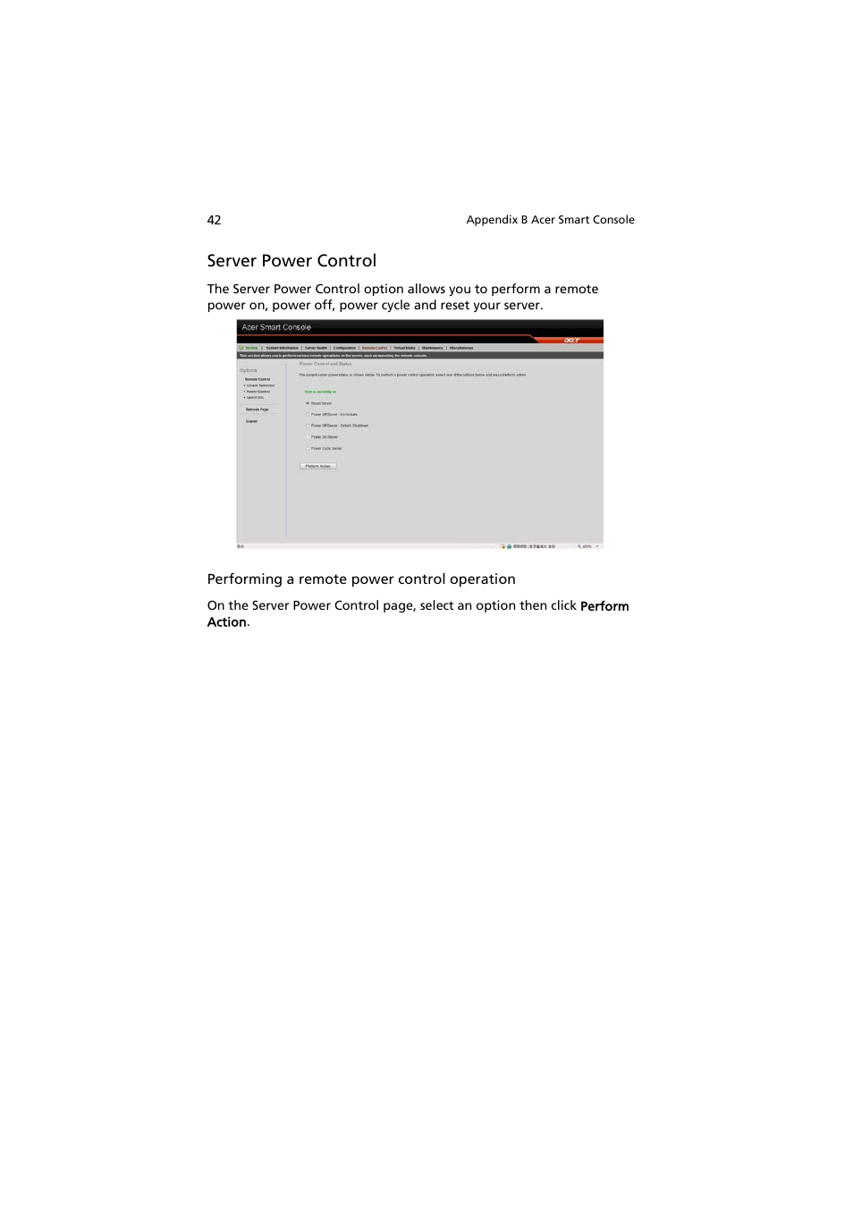 Server power control | Acer AR585 F1 User Manual | Page 54 / 68