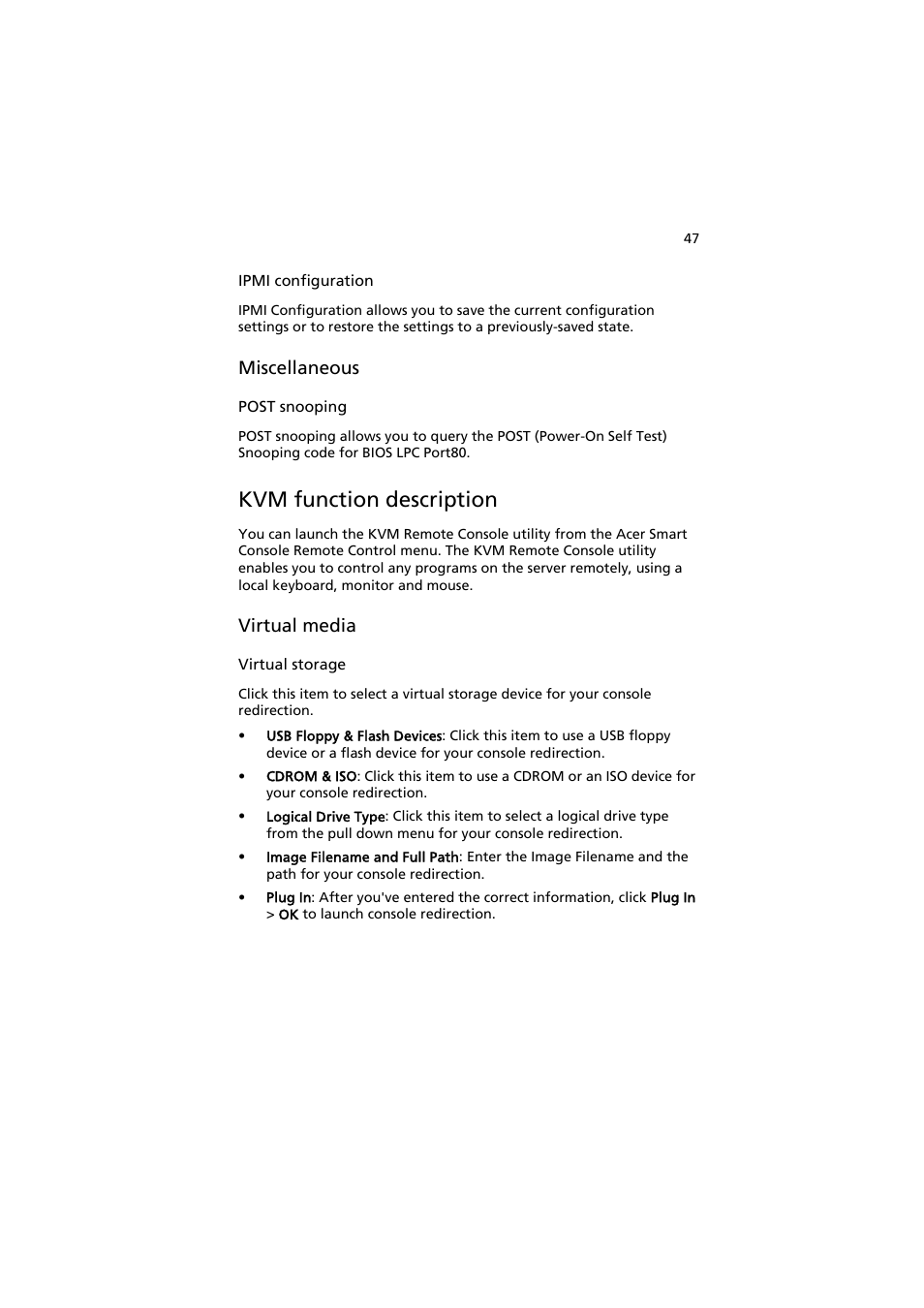 Kvm function description, Miscellaneous, Virtual media | Acer AR585 F1 User Manual | Page 59 / 68