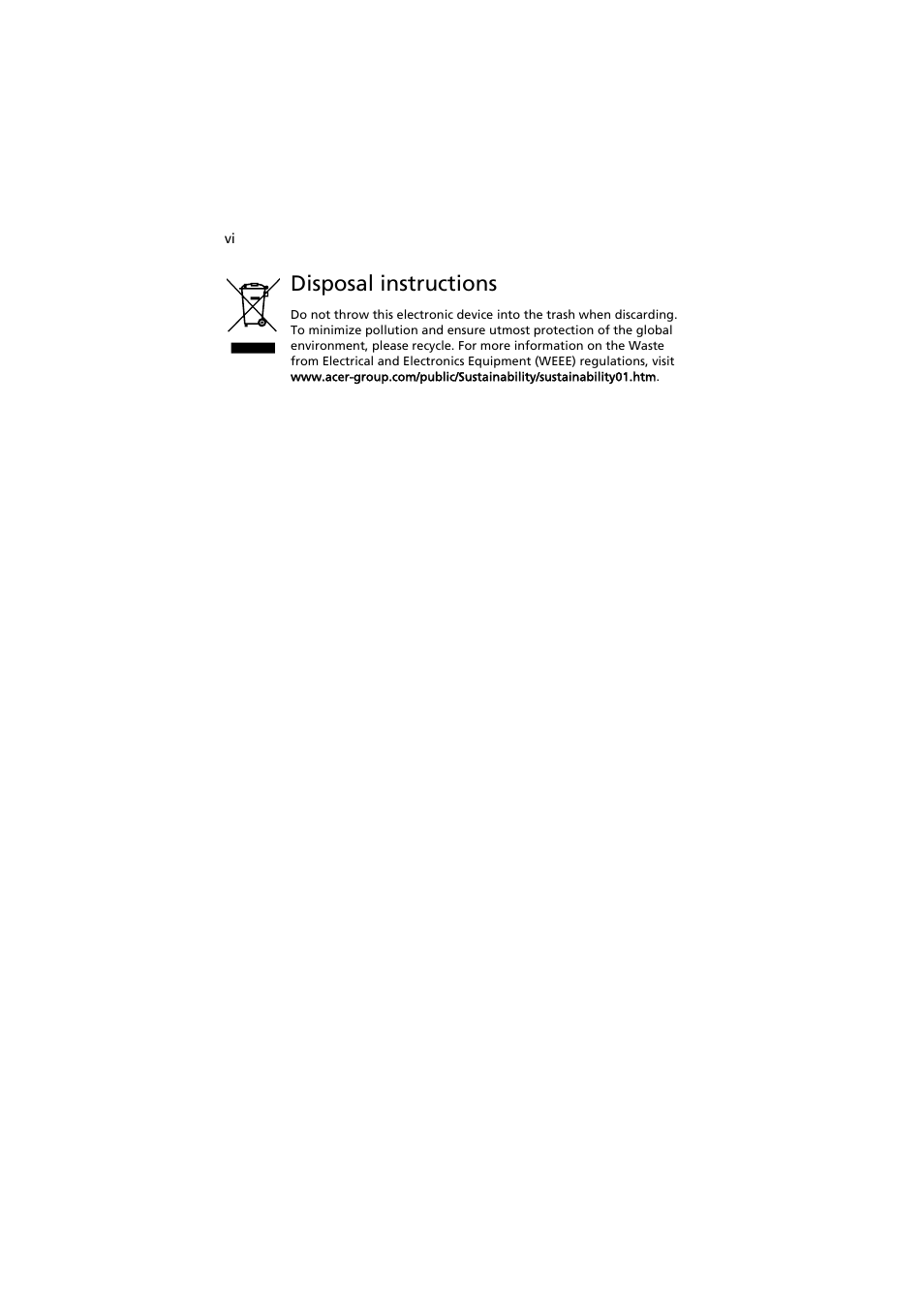Disposal instructions | Acer AR585 F1 User Manual | Page 6 / 68