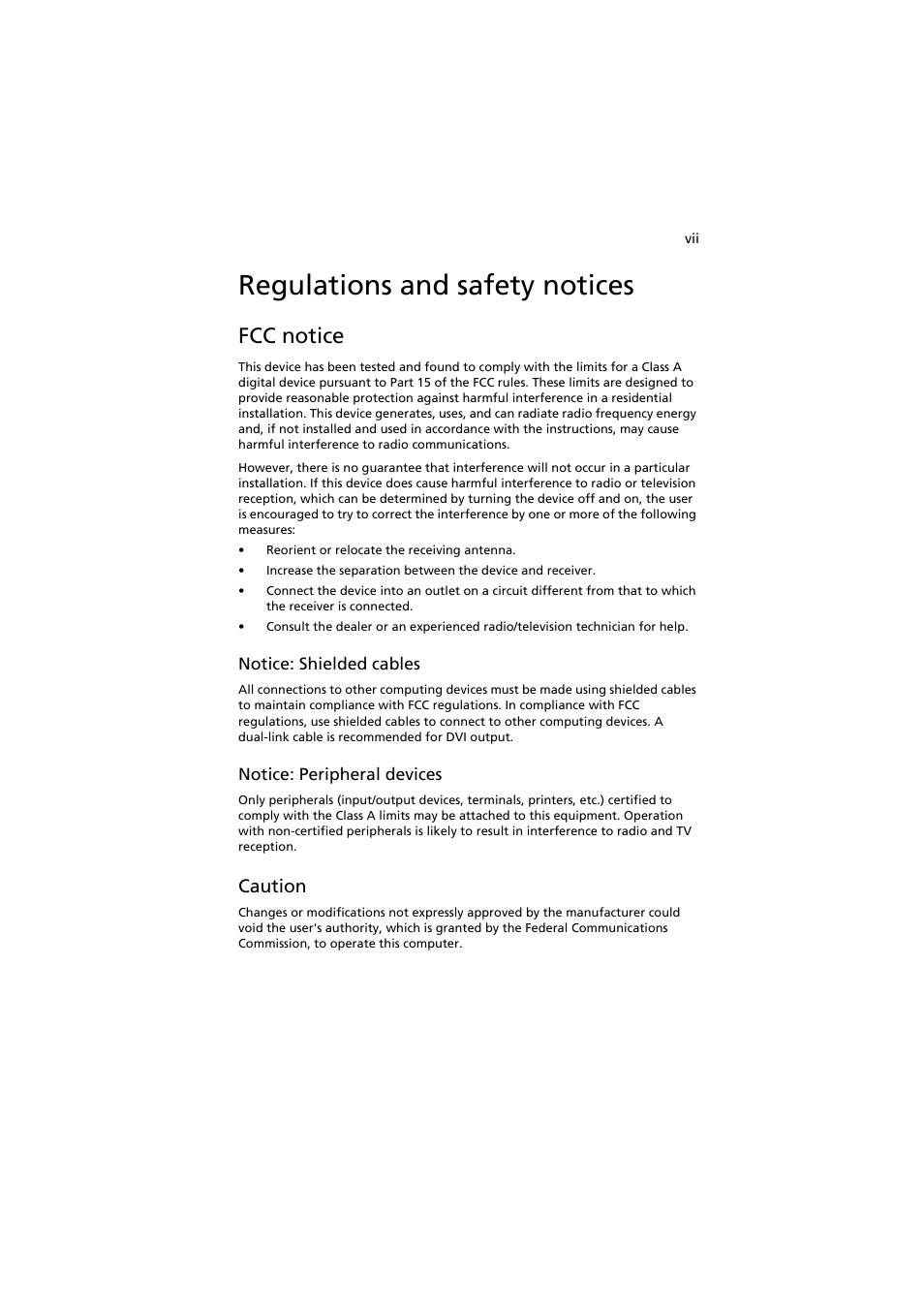 Regulations and safety notices, Fcc notice, Caution | Acer AR585 F1 User Manual | Page 7 / 68