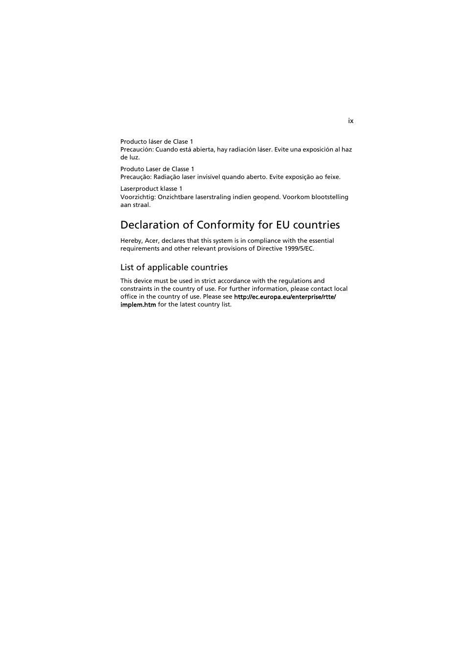 Declaration of conformity for eu countries | Acer AR585 F1 User Manual | Page 9 / 68