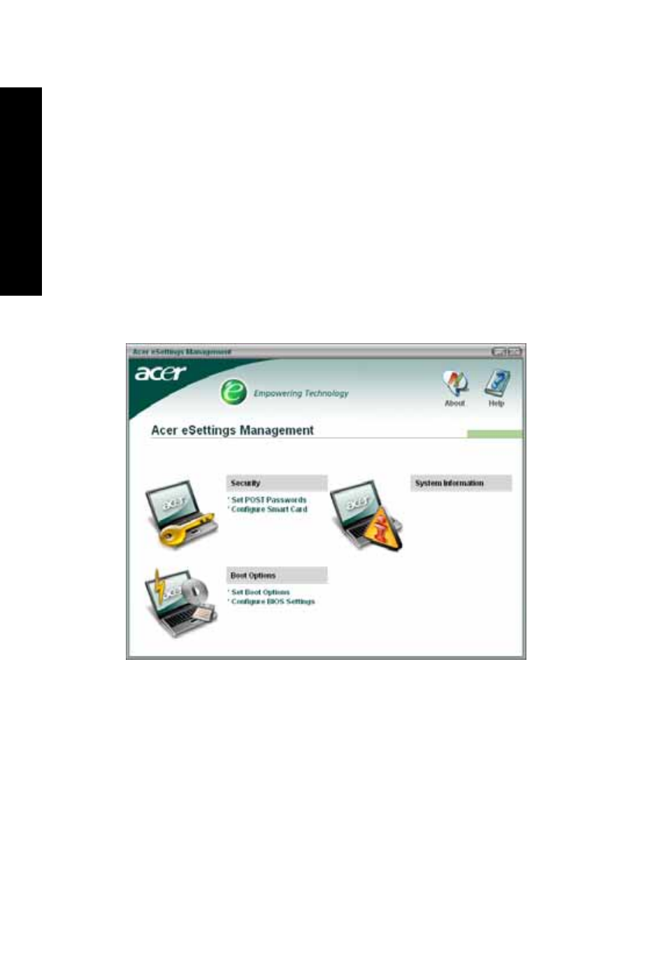 Acer esettings management, Acer epower management | Acer TravelMate 3000 User Manual | Page 16 / 75