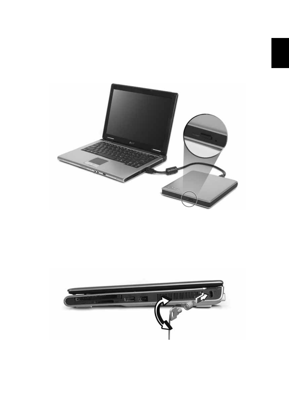 Ejecting the optical (cd or dvd) drive tray, Using a computer security lock | Acer TravelMate 3000 User Manual | Page 35 / 75