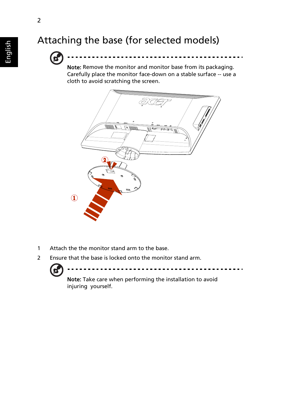 Attaching the base (for selected models) | Acer D240H User Manual | Page 14 / 30