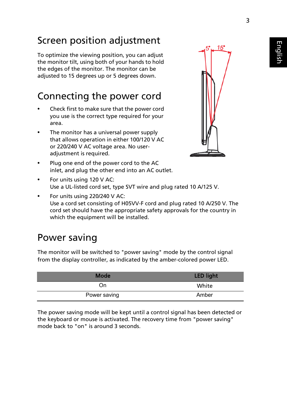 Attaching the base (for selected models), Screen position adjustment, Connecting the power cord | Power saving | Acer D240H User Manual | Page 15 / 30