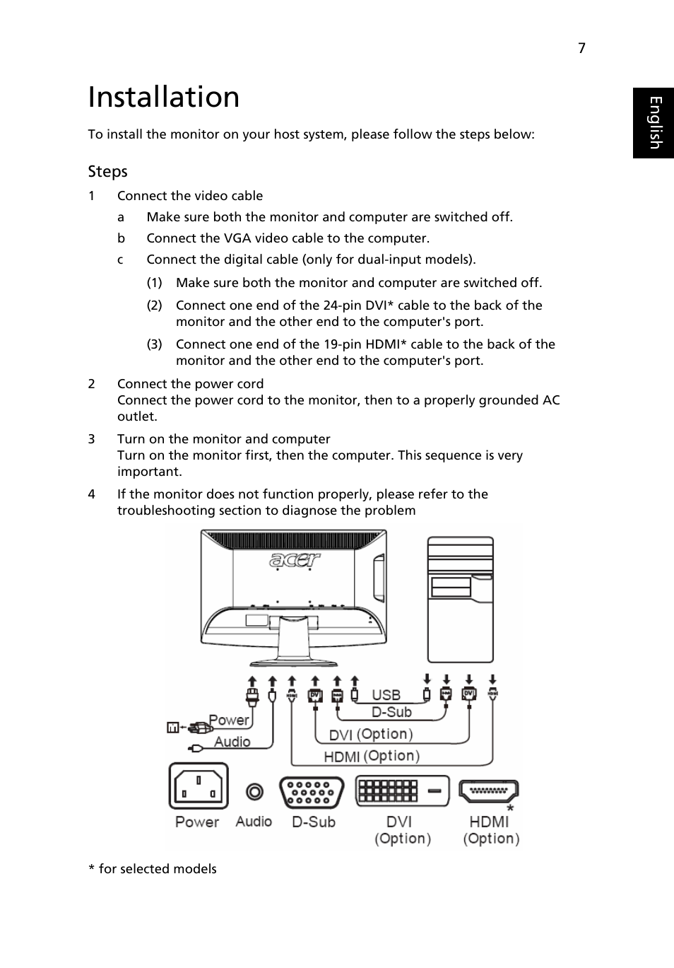 Standard timing table, Installation | Acer D240H User Manual | Page 19 / 30