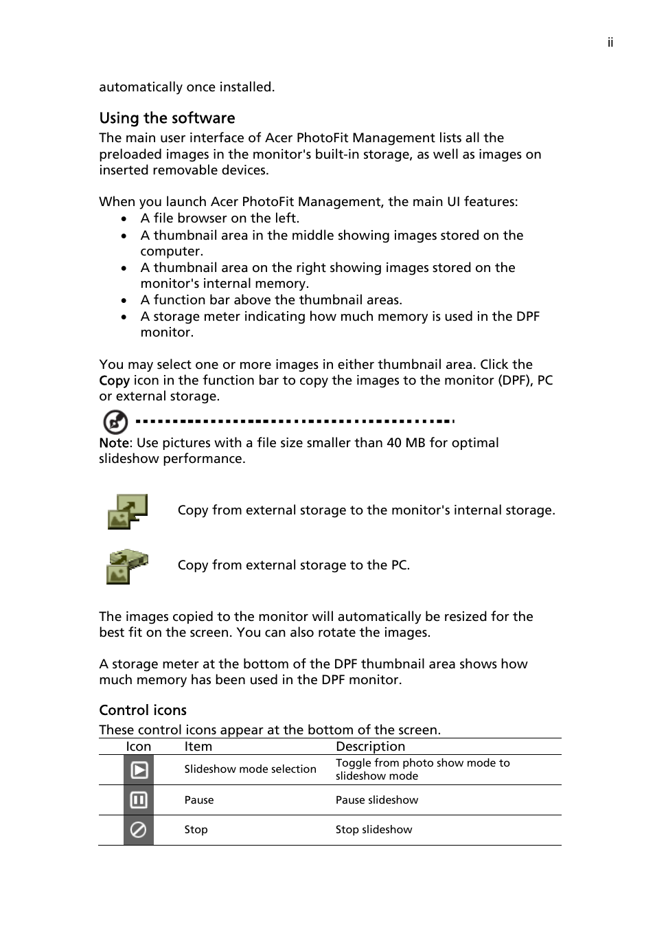 Using the software, Control icons | Acer D240H User Manual | Page 22 / 30