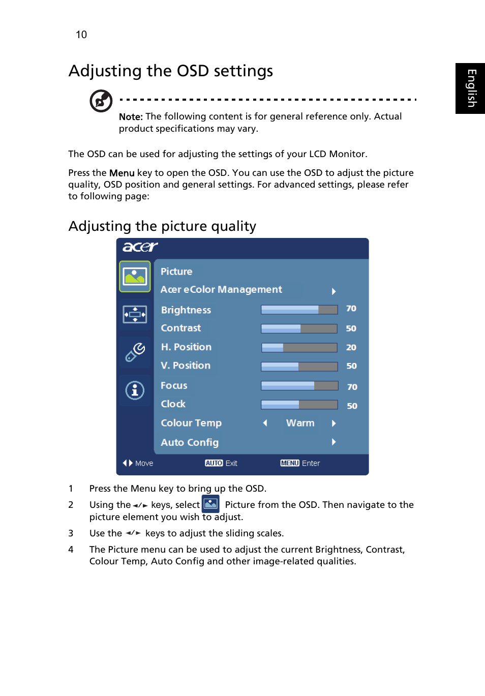 Adjusting the osd settings, Adjusting the picture quality | Acer D240H User Manual | Page 25 / 30