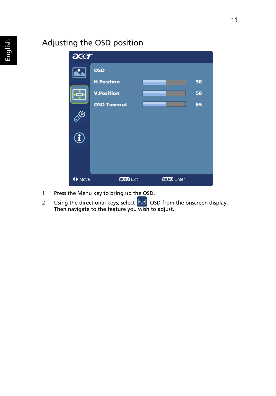 Adjusting the osd position | Acer D240H User Manual | Page 26 / 30
