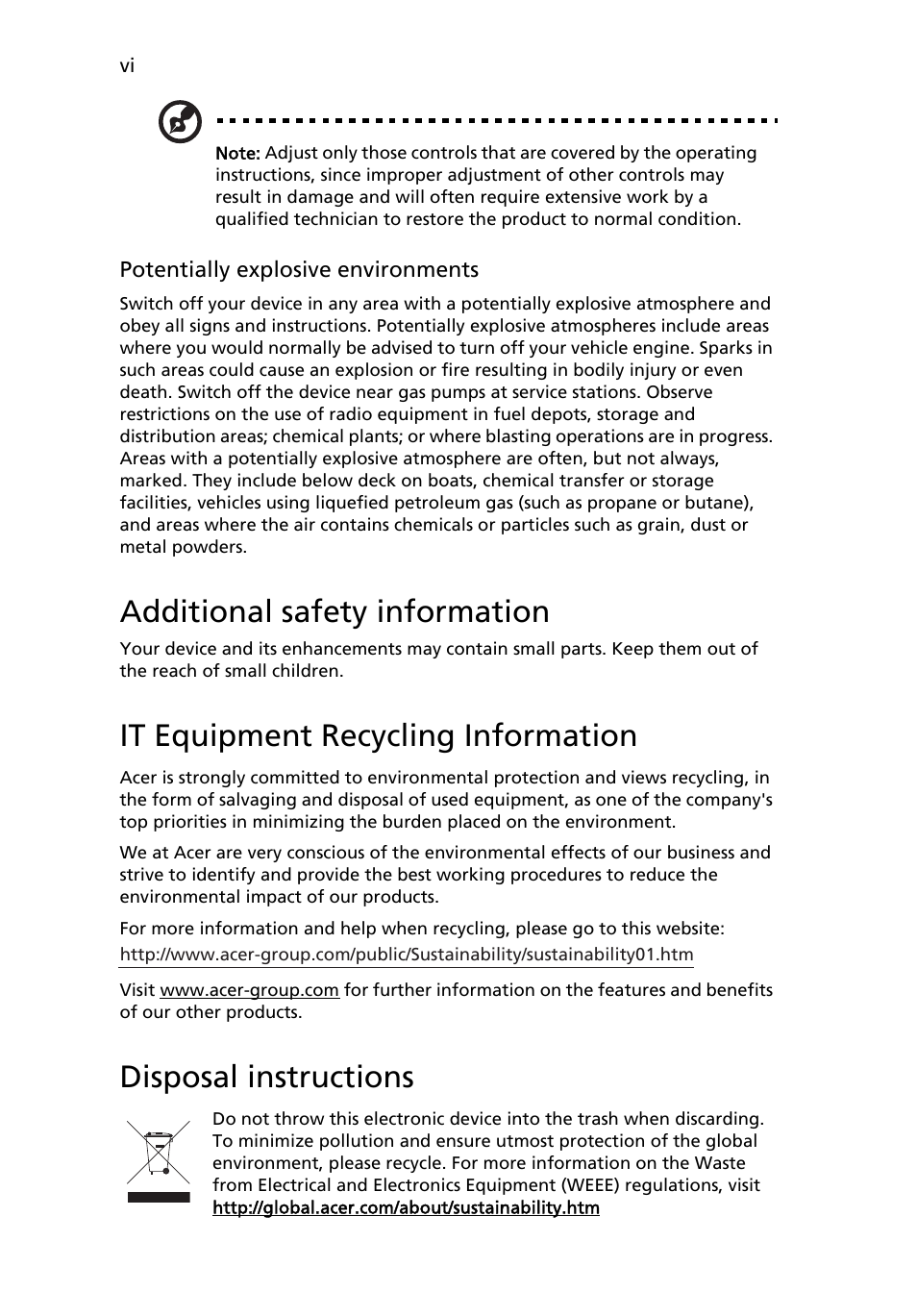 Additional safety information, It equipment recycling information, Disposal instructions | Acer D240H User Manual | Page 6 / 30