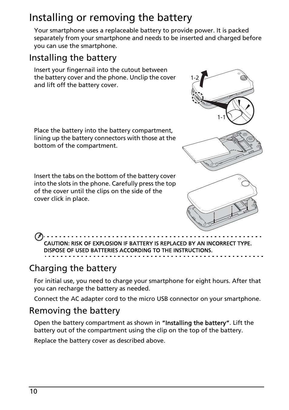 Installing or removing the battery, Installing the battery, Charging the battery | Removing the battery | Acer E130 User Manual | Page 10 / 56