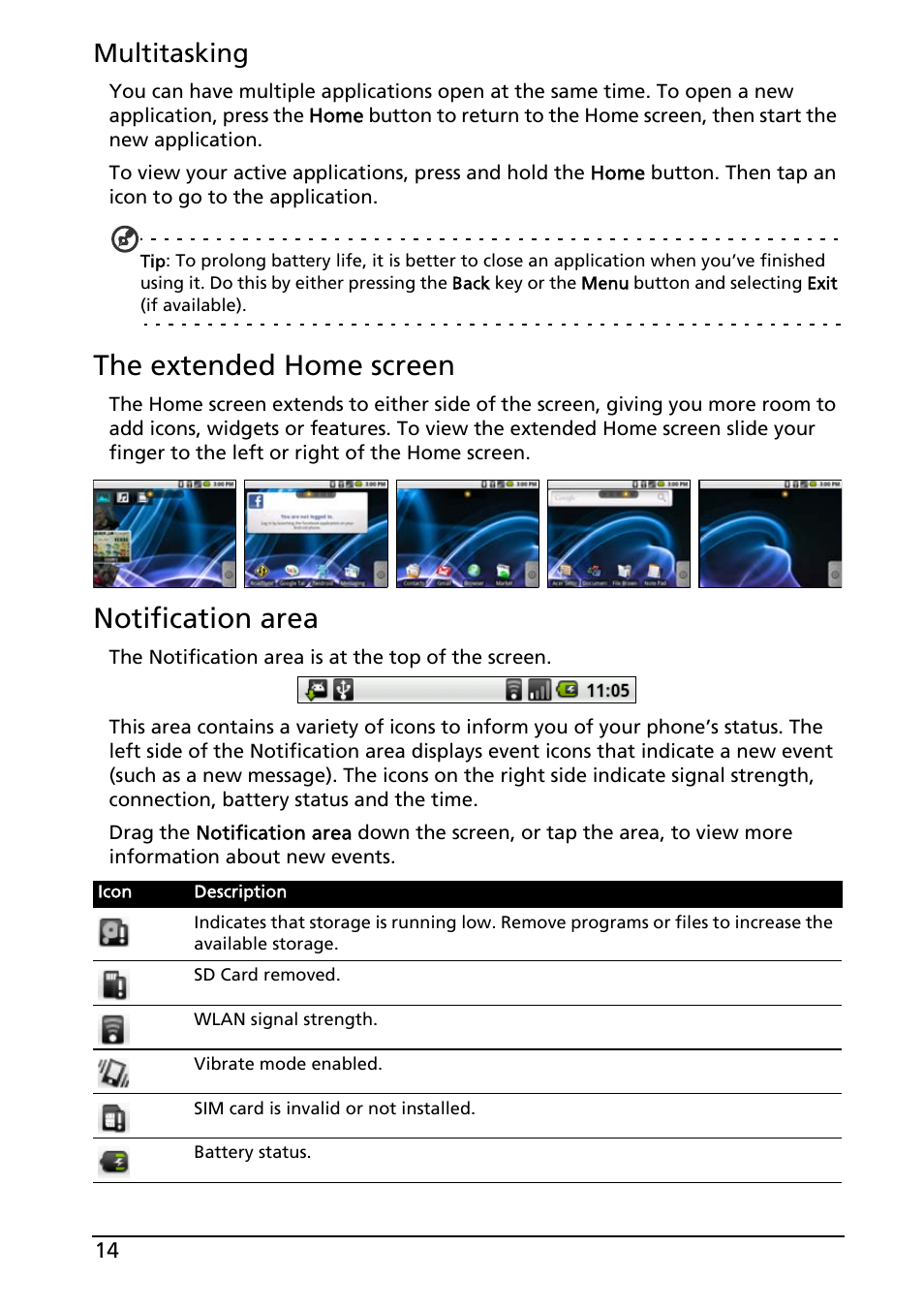 The extended home screen, Notification area, Multitasking | Acer E130 User Manual | Page 14 / 56