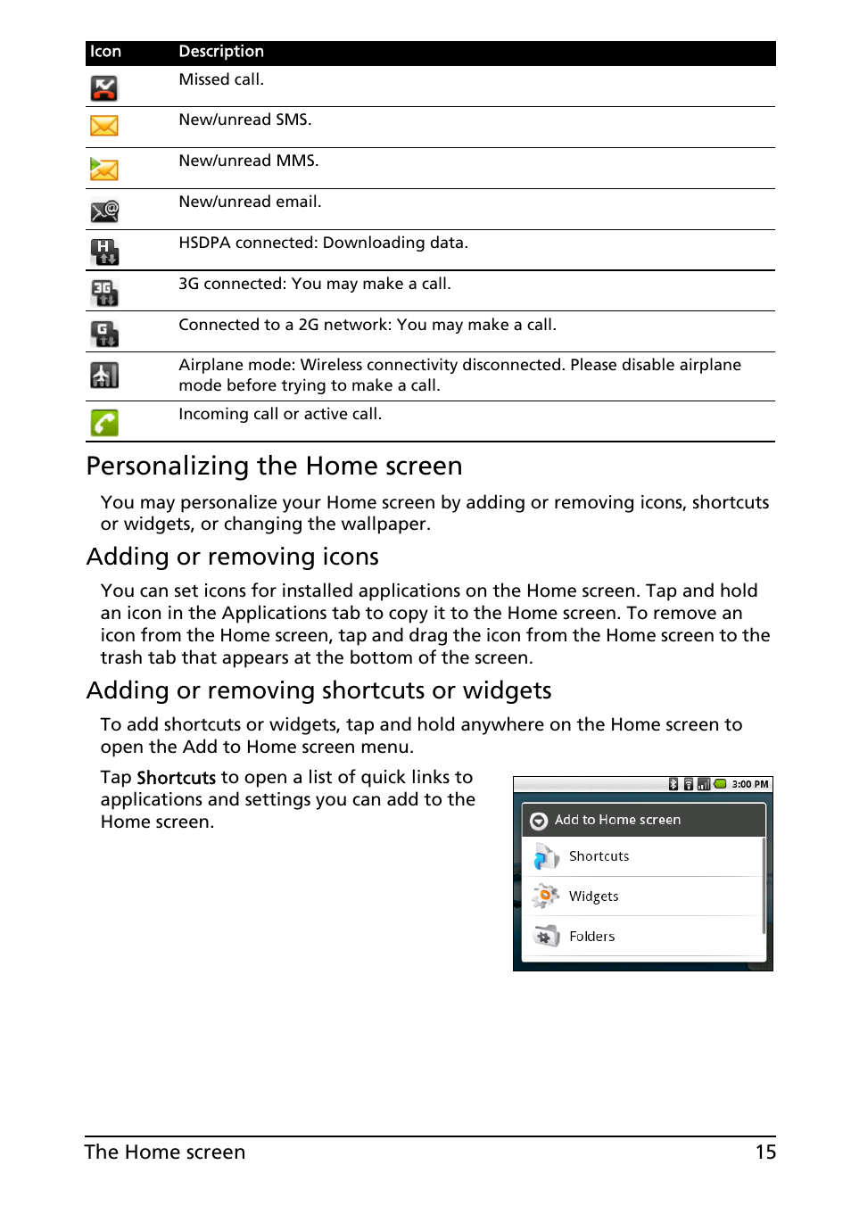 Personalizing the home screen, Adding or removing icons, Adding or removing shortcuts or widgets | Acer E130 User Manual | Page 15 / 56