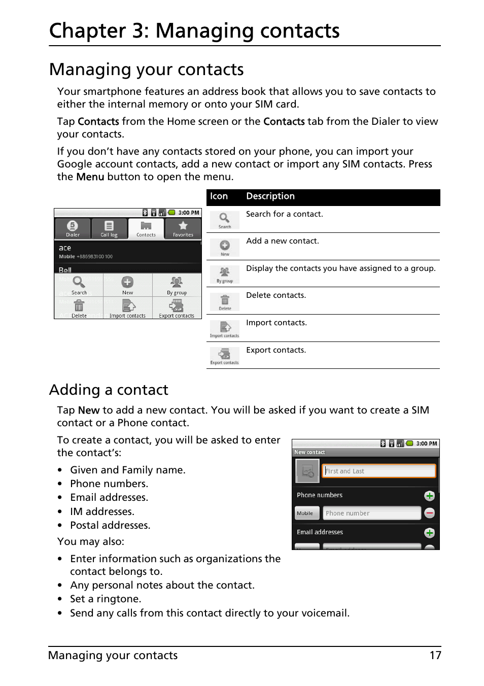 Managing your contacts, Managing contacts, Chapter 3: managing contacts | Adding a contact | Acer E130 User Manual | Page 17 / 56