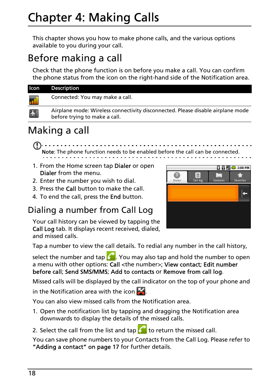 Before making a call, Making a call, Making calls | Before making a call making a call, Chapter 4: making calls, Dialing a number from call log | Acer E130 User Manual | Page 18 / 56