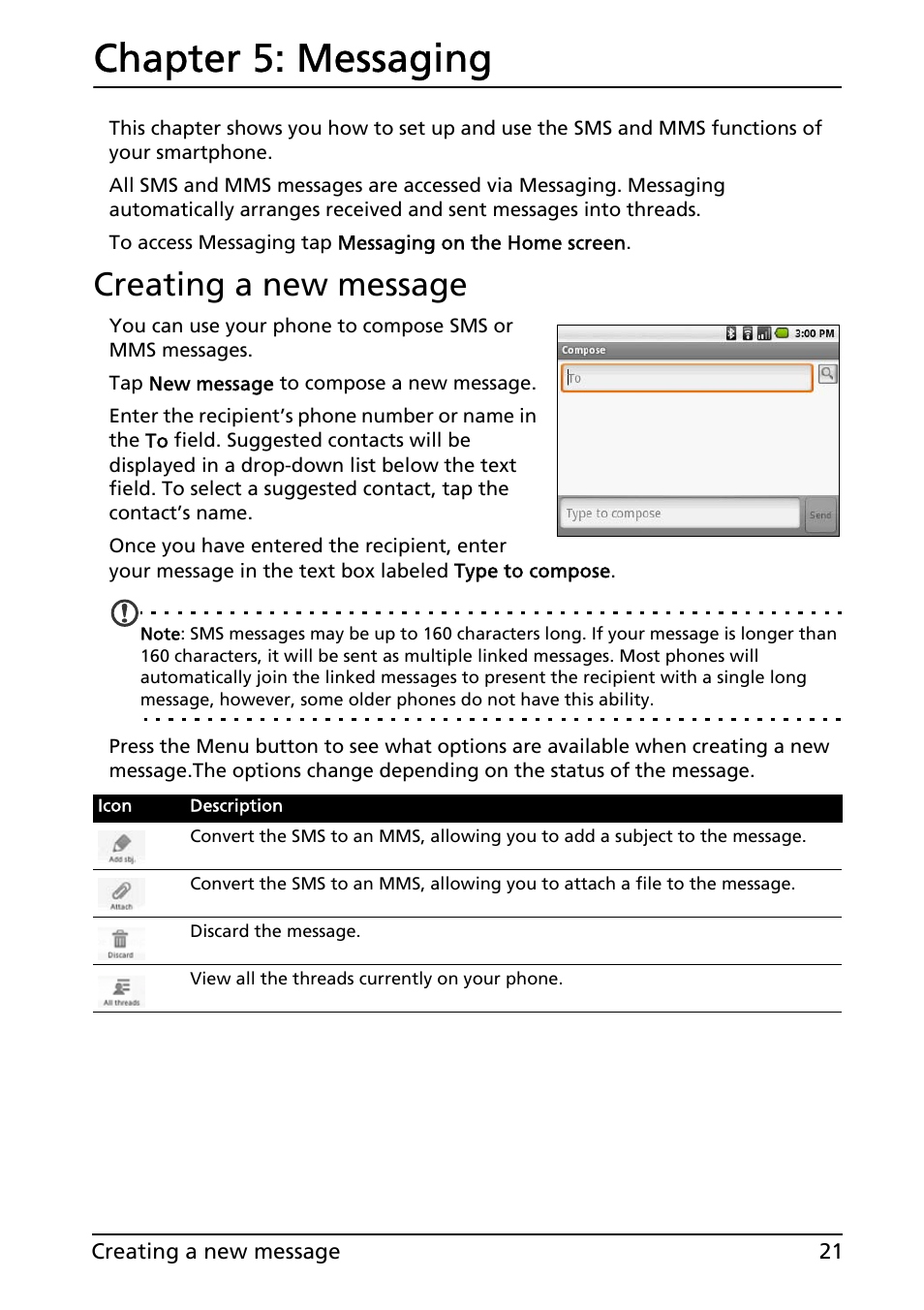 Creating a new message, Messaging, Chapter 5: messaging | Acer E130 User Manual | Page 21 / 56