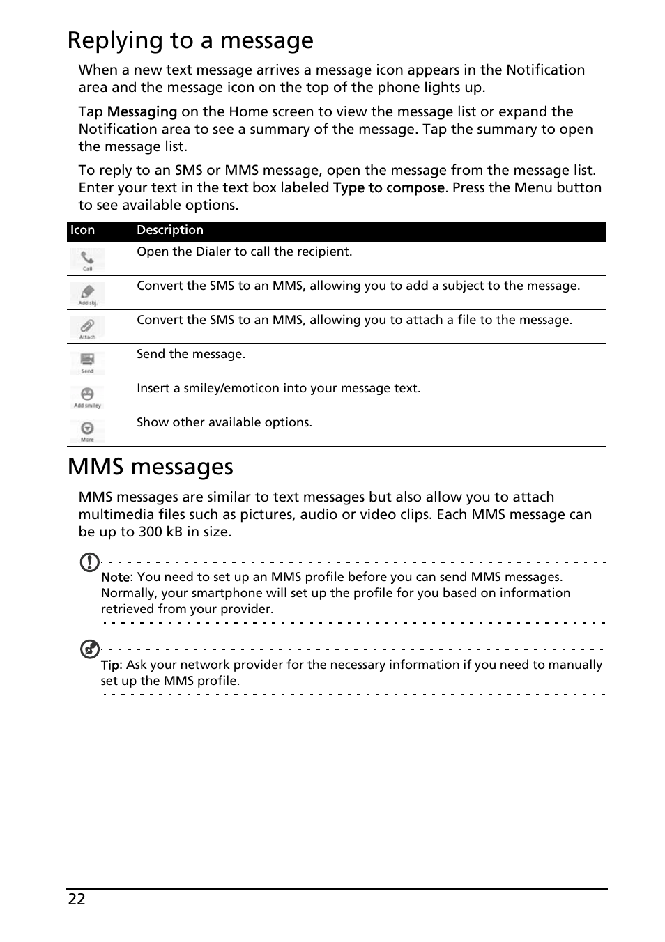 Replying to a message, Mms messages, Replying to a message mms messages | Acer E130 User Manual | Page 22 / 56