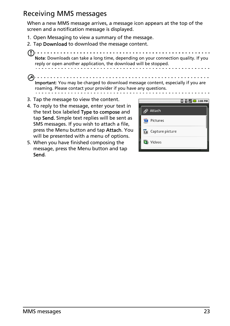 Receiving mms messages | Acer E130 User Manual | Page 23 / 56