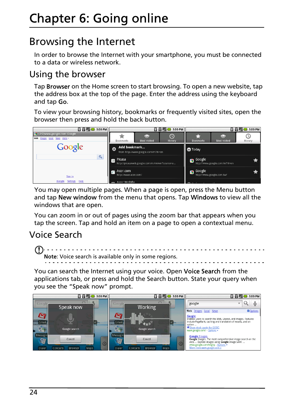 Browsing the internet, Going online, Chapter 6: going online | Using the browser, Voice search | Acer E130 User Manual | Page 24 / 56