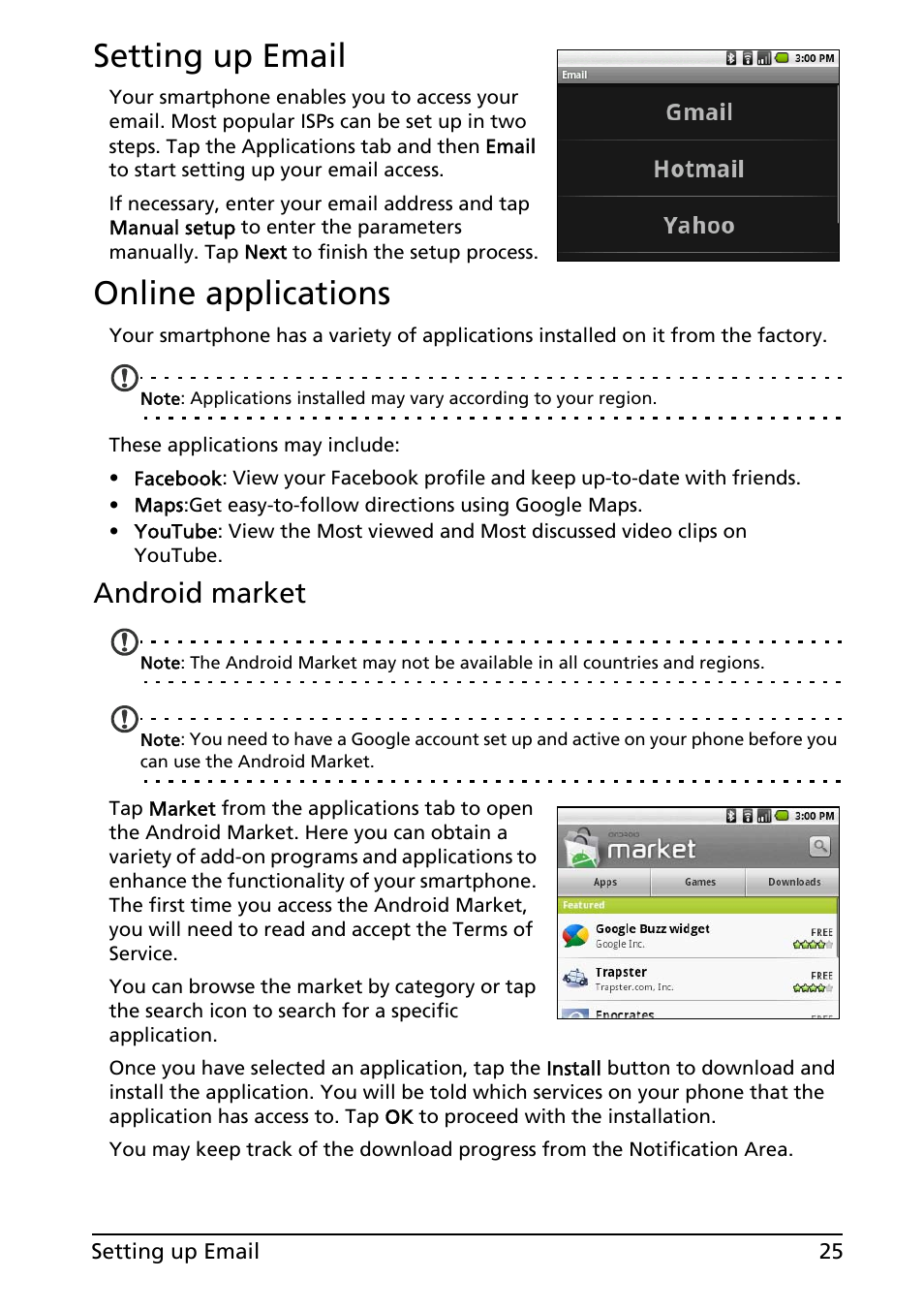 Setting up email, Online applications, Setting up email online applications | Android market | Acer E130 User Manual | Page 25 / 56