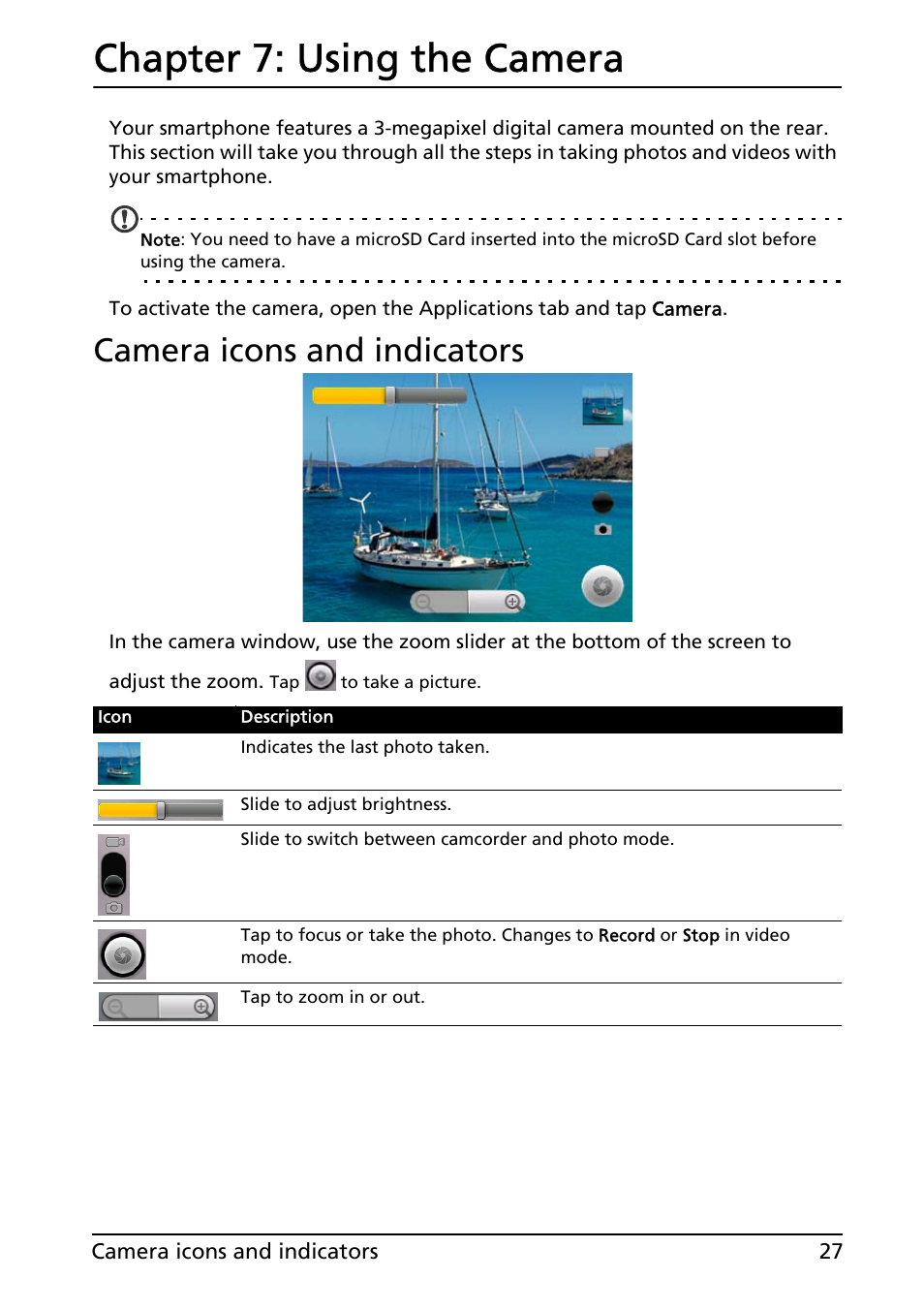 Camera icons and indicators, Using the camera, Chapter 7: using the camera | Acer E130 User Manual | Page 27 / 56