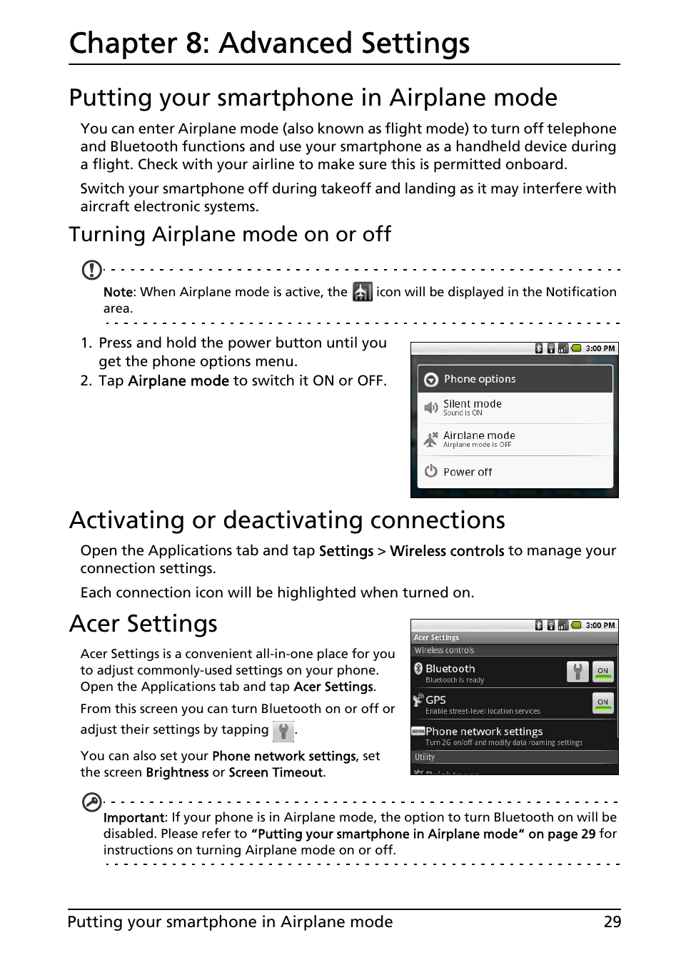 Putting your smartphone in airplane mode, Activating or deactivating connections, Acer settings | Advanced settings, Chapter 8: advanced settings, Turning airplane mode on or off | Acer E130 User Manual | Page 29 / 56