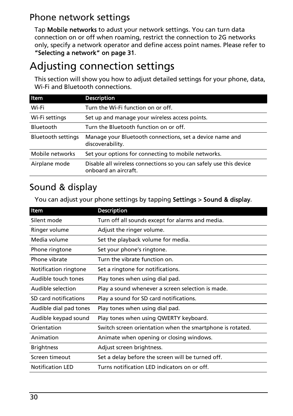 Adjusting connection settings, Phone network settings, Sound & display | Acer E130 User Manual | Page 30 / 56