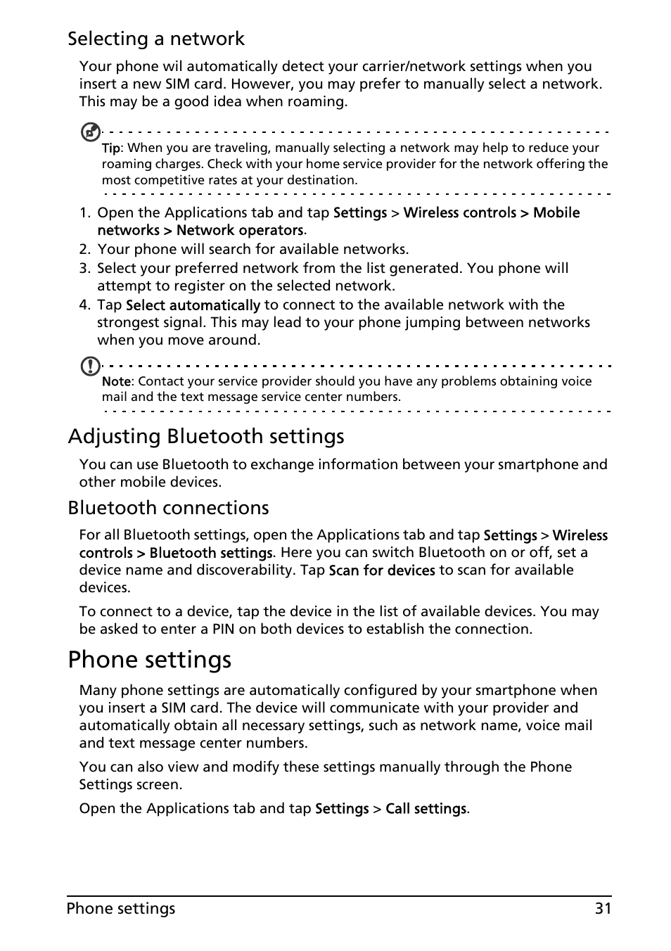 Phone settings, Adjusting bluetooth settings, Selecting a network | Bluetooth connections | Acer E130 User Manual | Page 31 / 56