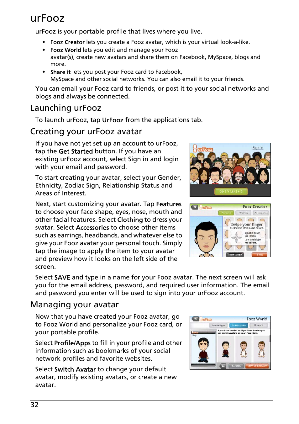 Urfooz, Launching urfooz, Creating your urfooz avatar | Managing your avatar | Acer E130 User Manual | Page 32 / 56