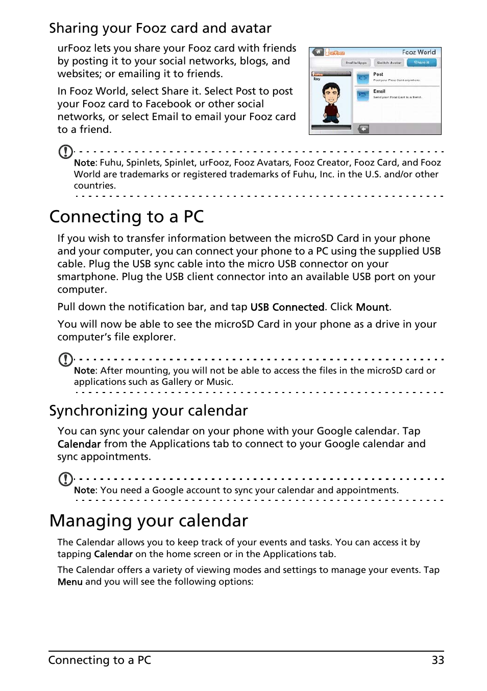 Connecting to a pc, Managing your calendar, Connecting to a pc managing your calendar | Synchronizing your calendar, Sharing your fooz card and avatar | Acer E130 User Manual | Page 33 / 56