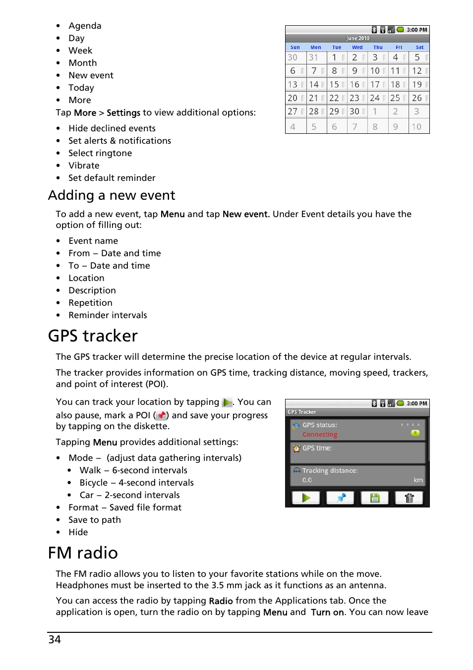 Gps tracker, Fm radio, Gps tracker fm radio | Adding a new event | Acer E130 User Manual | Page 34 / 56