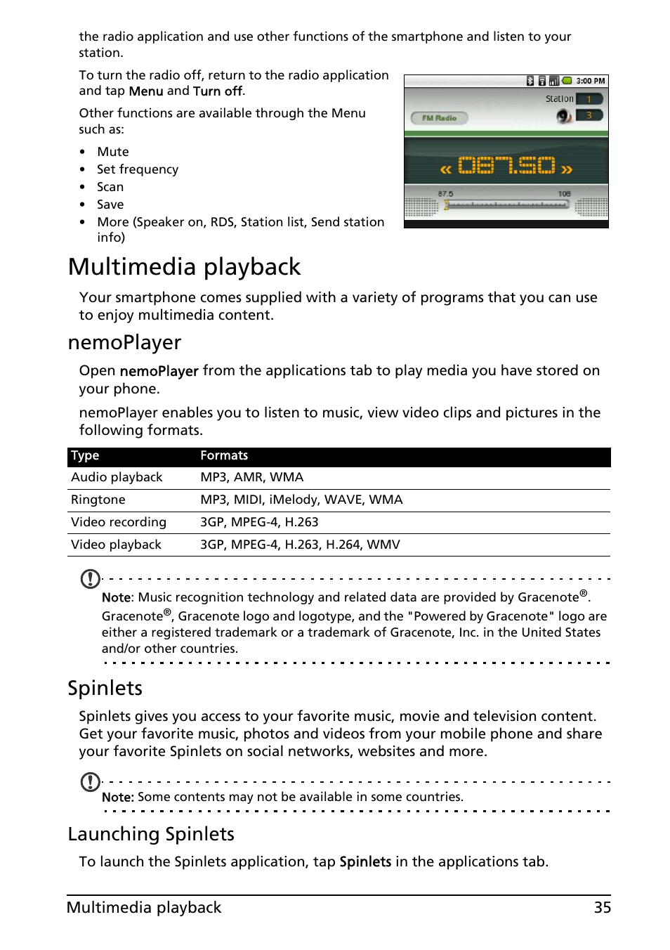 Multimedia playback, Nemoplayer, Spinlets | Launching spinlets | Acer E130 User Manual | Page 35 / 56