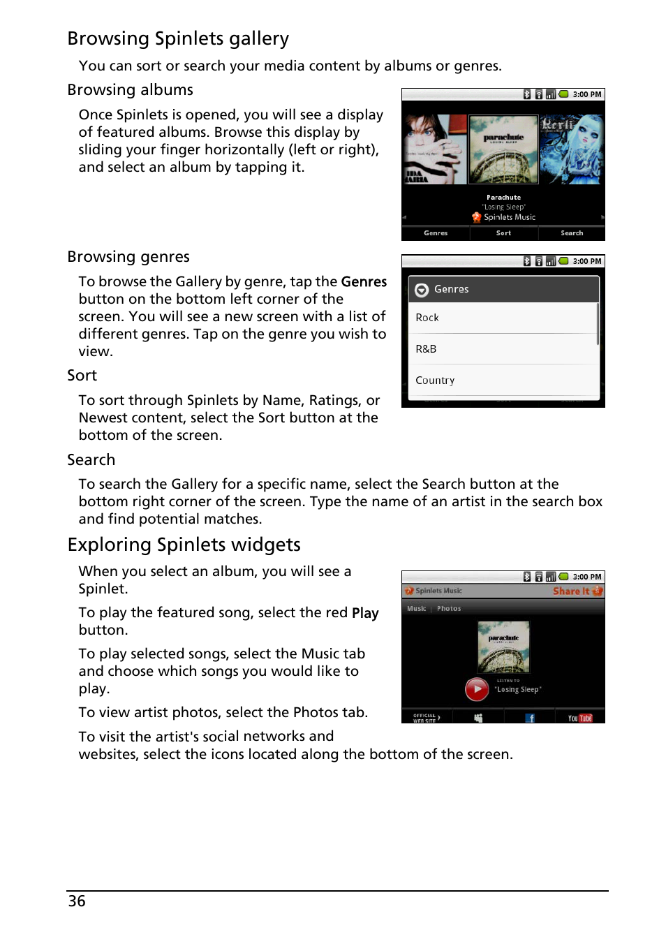 Browsing spinlets gallery, Exploring spinlets widgets | Acer E130 User Manual | Page 36 / 56