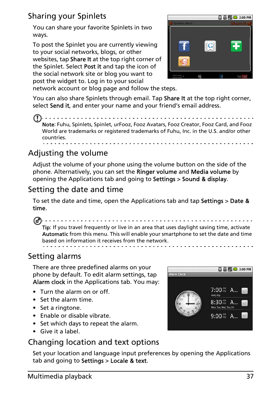 Sharing your spinlets, Adjusting the volume, Setting the date and time | Setting alarms, Changing location and text options | Acer E130 User Manual | Page 37 / 56