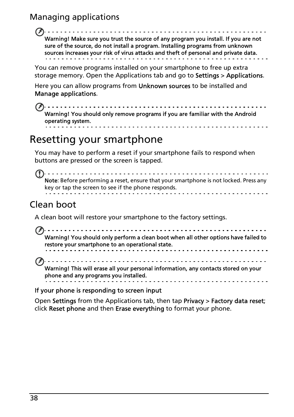 Resetting your smartphone, Clean boot, Managing applications | Acer E130 User Manual | Page 38 / 56