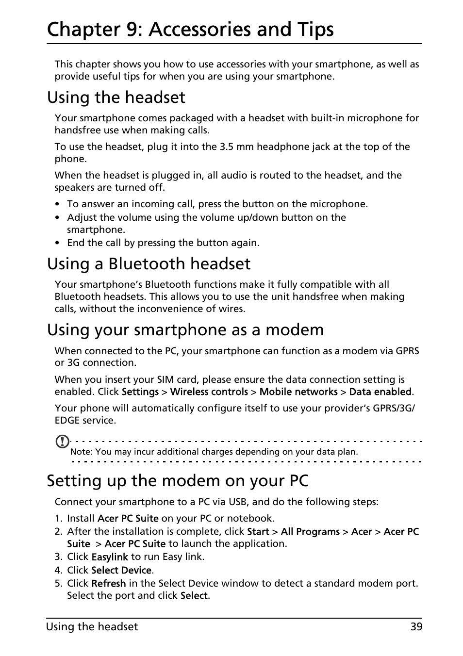 Using the headset, Using a bluetooth headset, Using your smartphone as a modem | Setting up the modem on your pc, Accessories and tips, Chapter 9: accessories and tips | Acer E130 User Manual | Page 39 / 56