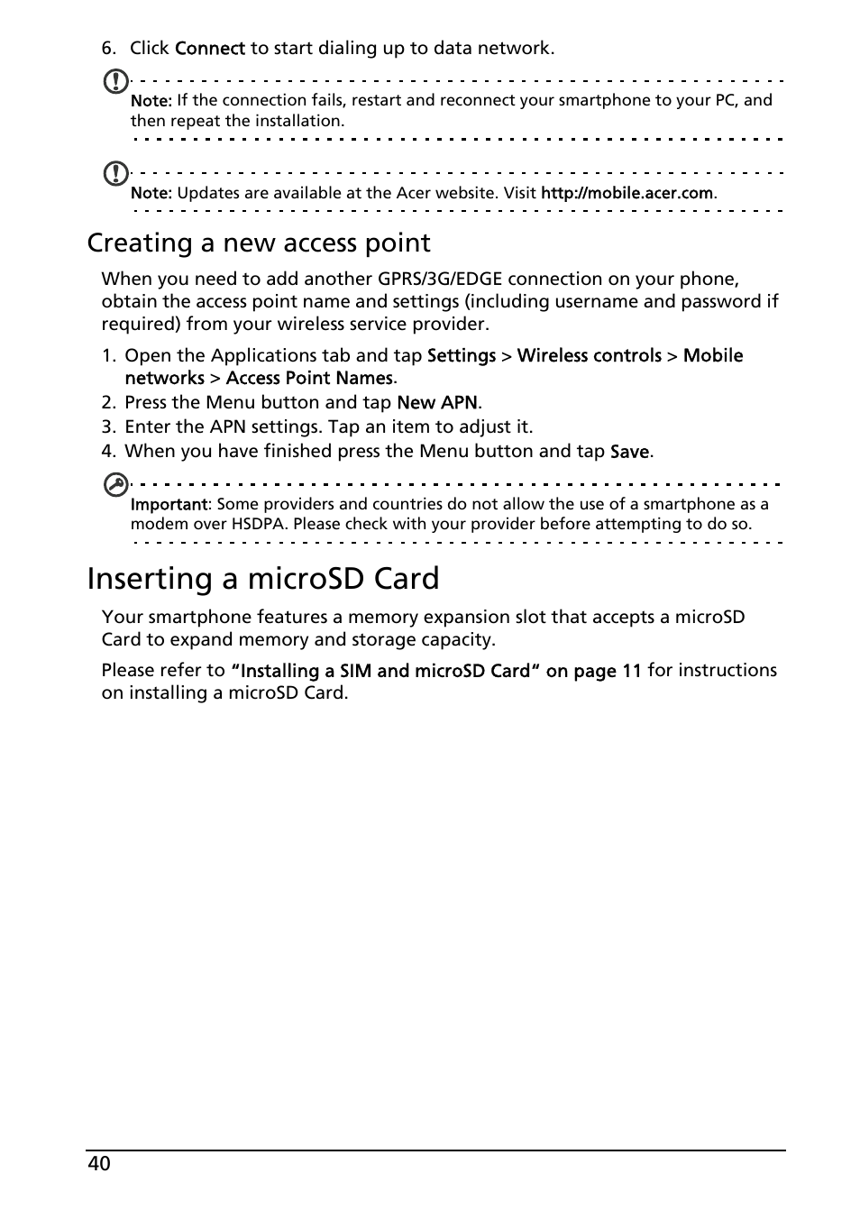 Inserting a microsd card, Creating a new access point | Acer E130 User Manual | Page 40 / 56