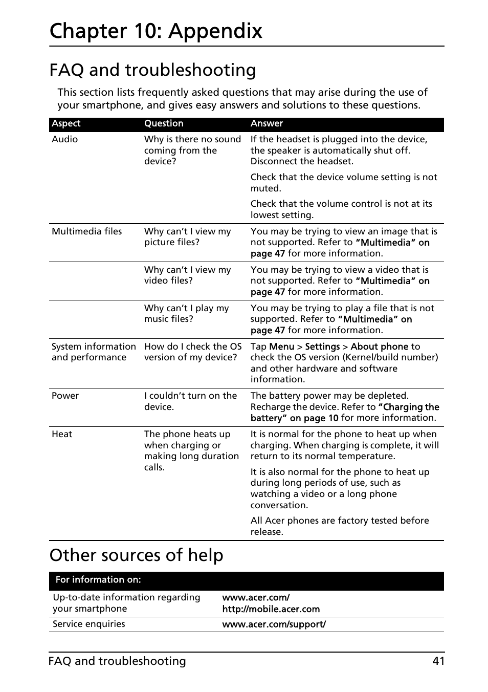 Faq and troubleshooting, Other sources of help, Appendix | Faq and troubleshooting other sources of help, Chapter 10: appendix | Acer E130 User Manual | Page 41 / 56