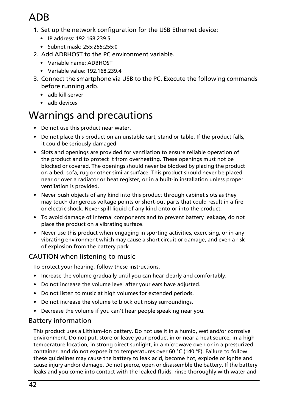 Aux adb, Warnings and precautions, Aux adb warnings and precautions | Acer E130 User Manual | Page 42 / 56