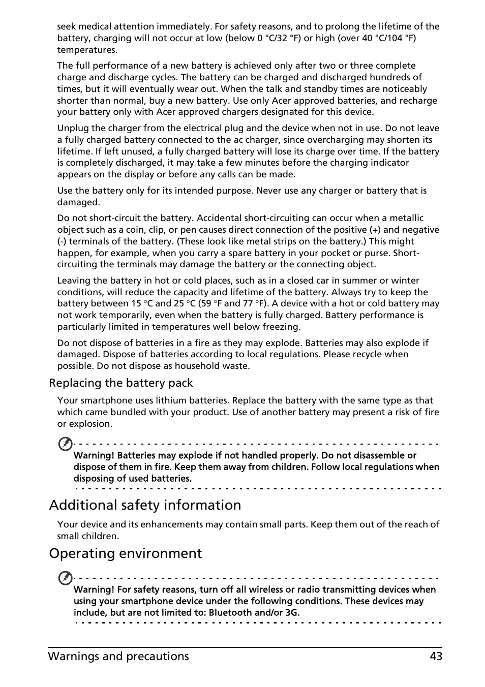 Additional safety information, Operating environment | Acer E130 User Manual | Page 43 / 56