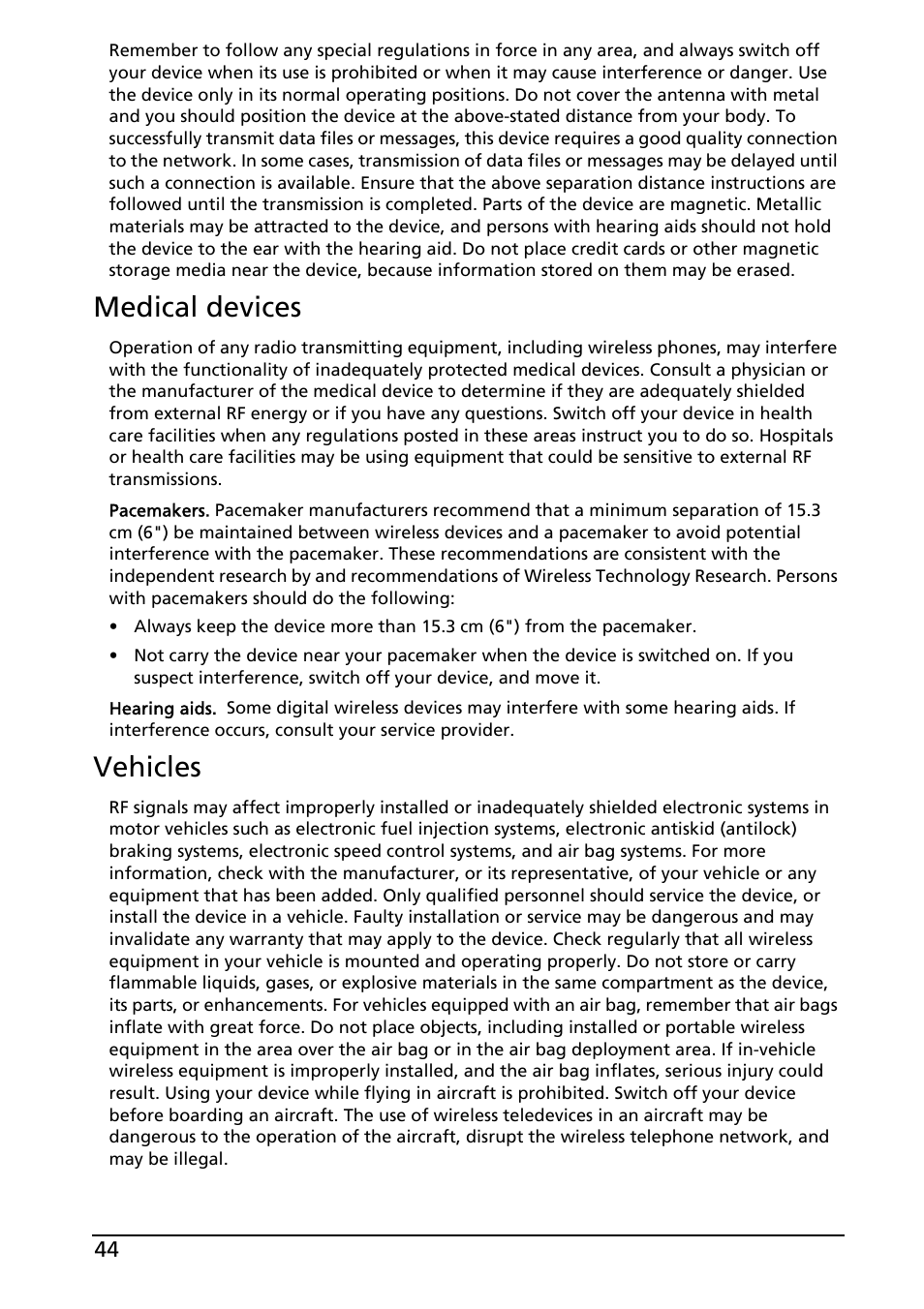 Medical devices, Vehicles | Acer E130 User Manual | Page 44 / 56