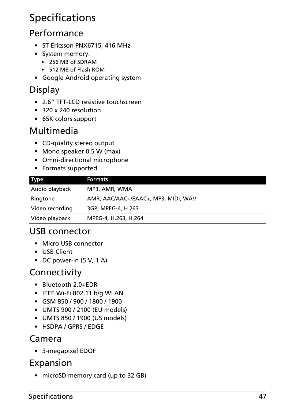 Specifications, Performance, Display | Multimedia, Usb connector, Connectivity, Camera, Expansion | Acer E130 User Manual | Page 47 / 56