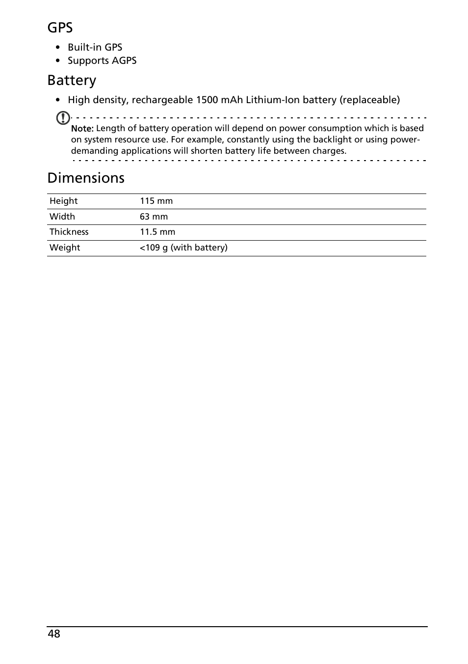 Battery, Dimensions | Acer E130 User Manual | Page 48 / 56