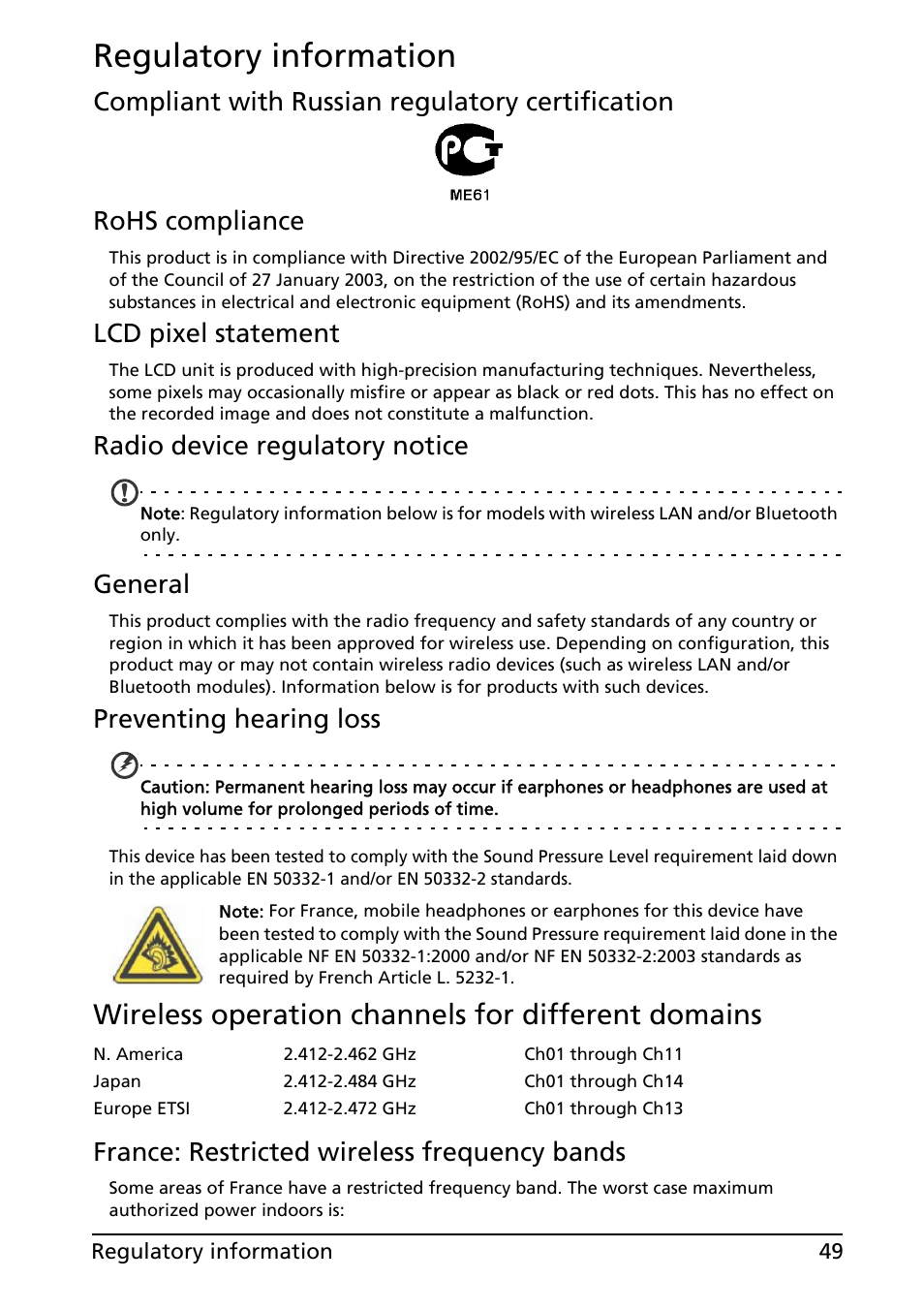 Regulatory information, Wireless operation channels for different domains, Lcd pixel statement | Radio device regulatory notice, General, Preventing hearing loss, France: restricted wireless frequency bands | Acer E130 User Manual | Page 49 / 56