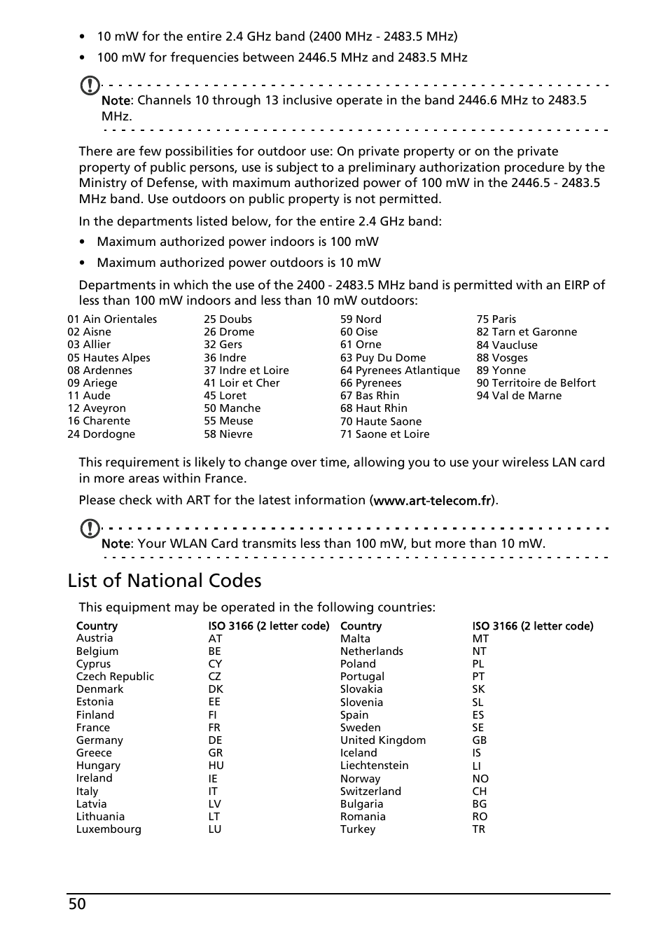 List of national codes | Acer E130 User Manual | Page 50 / 56