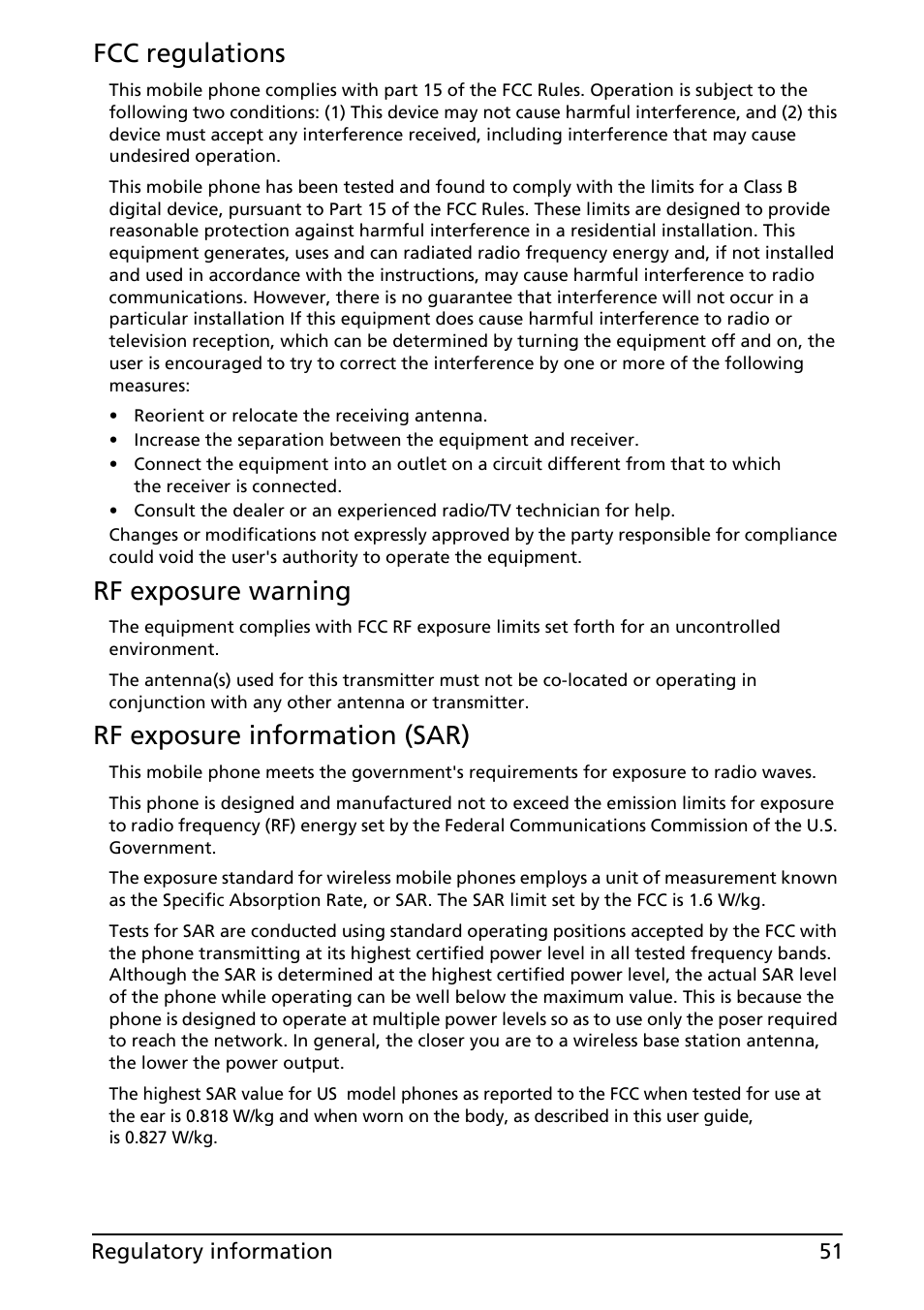 Fcc regulations, Rf exposure warning, Rf exposure information (sar) | Acer E130 User Manual | Page 51 / 56