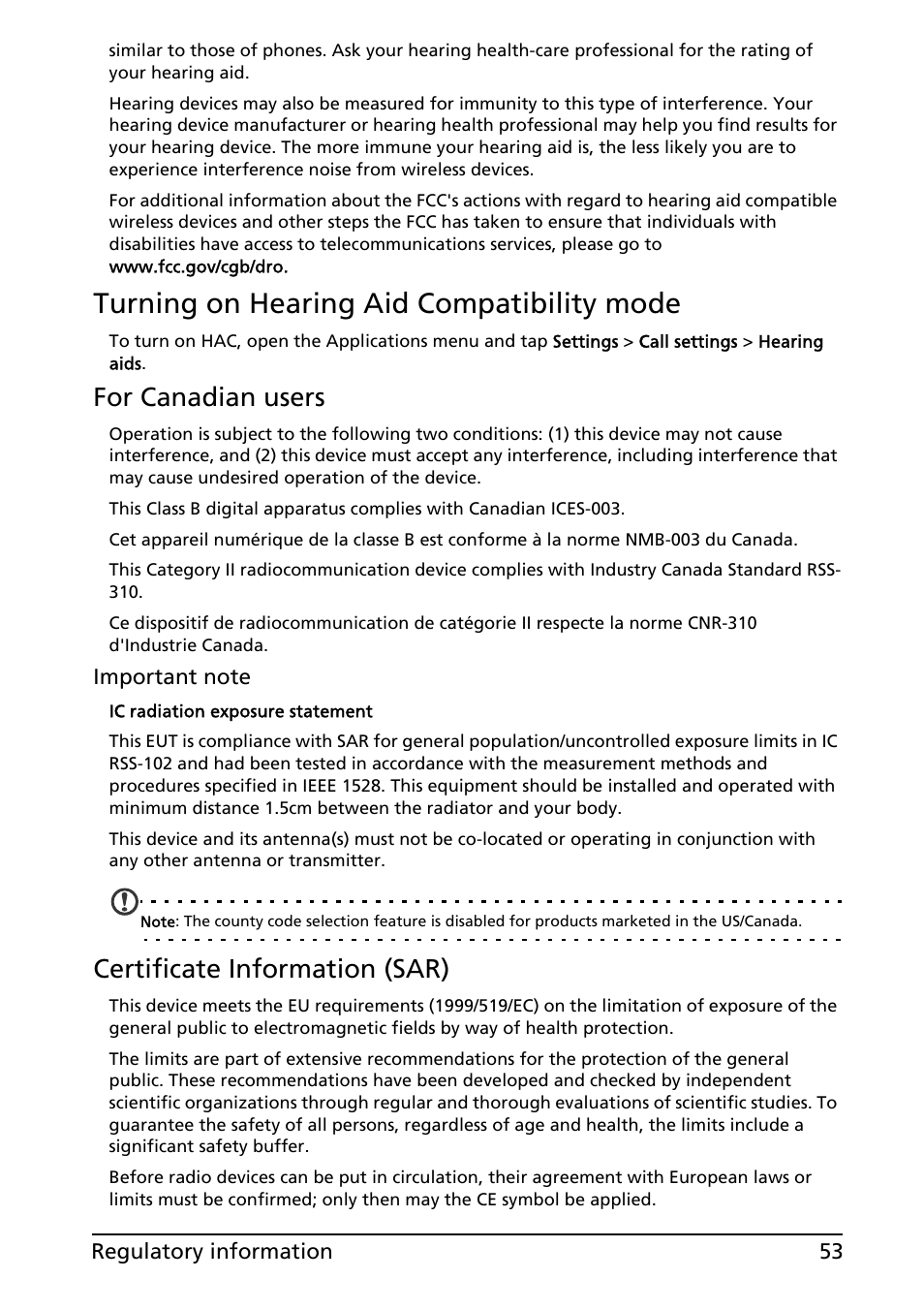 Turning on hearing aid compatibility mode, For canadian users, Certificate information (sar) | Acer E130 User Manual | Page 53 / 56