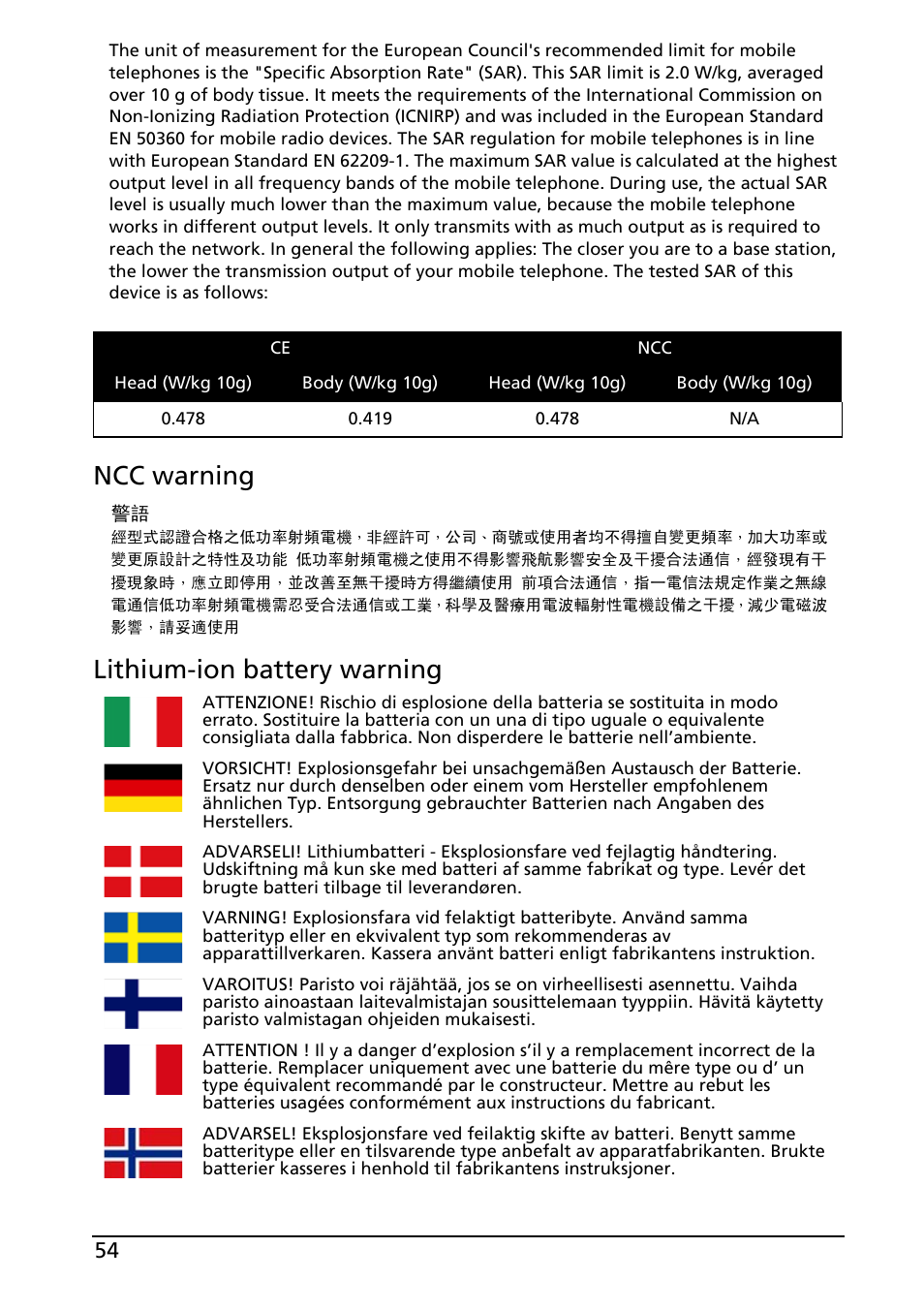 Ncc warning, Lithium-ion battery warning | Acer E130 User Manual | Page 54 / 56