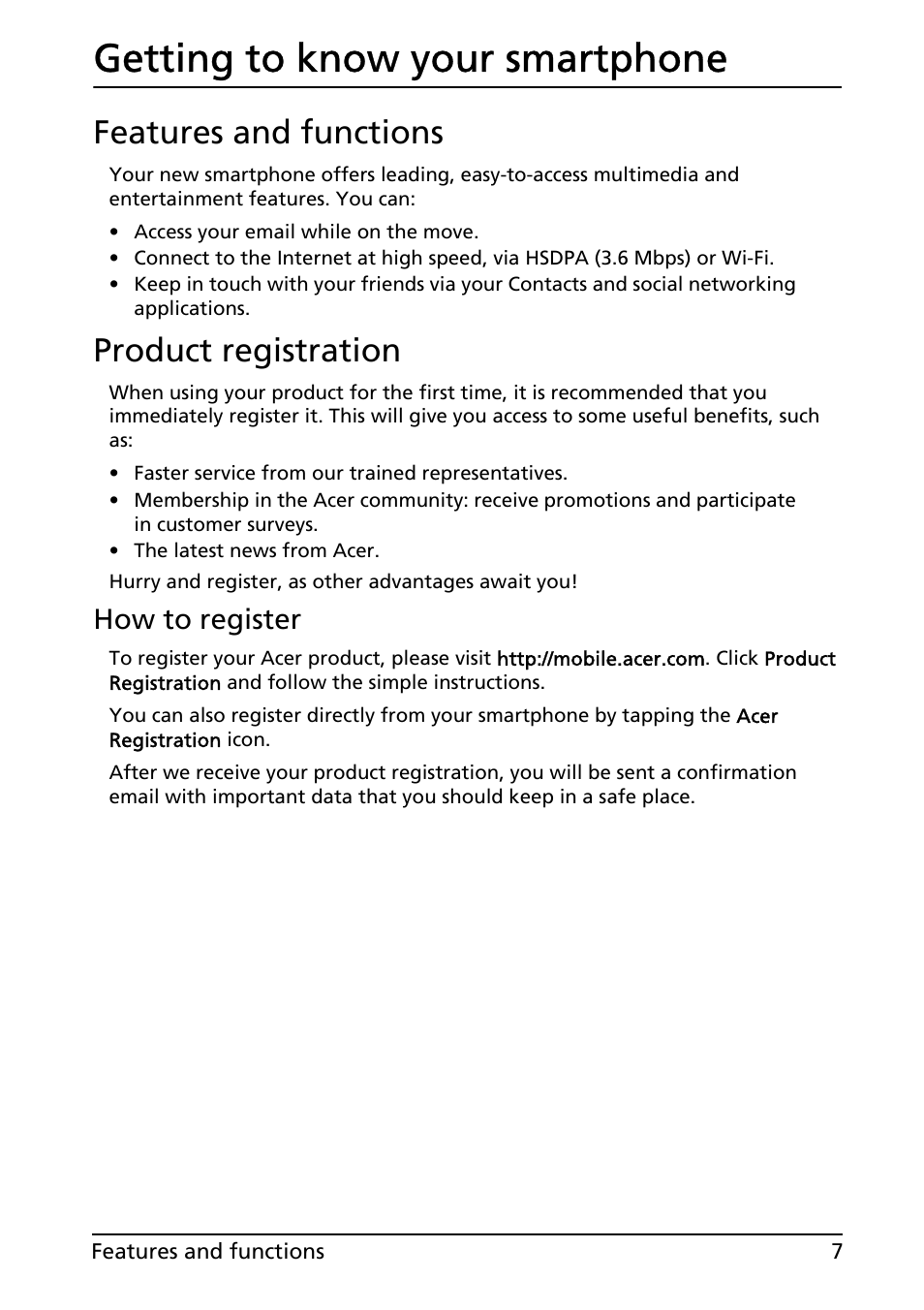 Features and functions, Product registration, Getting to know your smartphone | Features and functions product registration, How to register | Acer E130 User Manual | Page 7 / 56