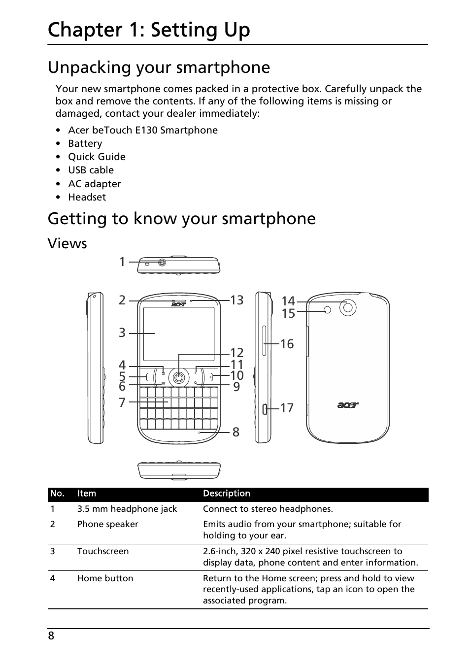 Unpacking your smartphone, Getting to know your smartphone, Setting up | Chapter 1: setting up, Views | Acer E130 User Manual | Page 8 / 56